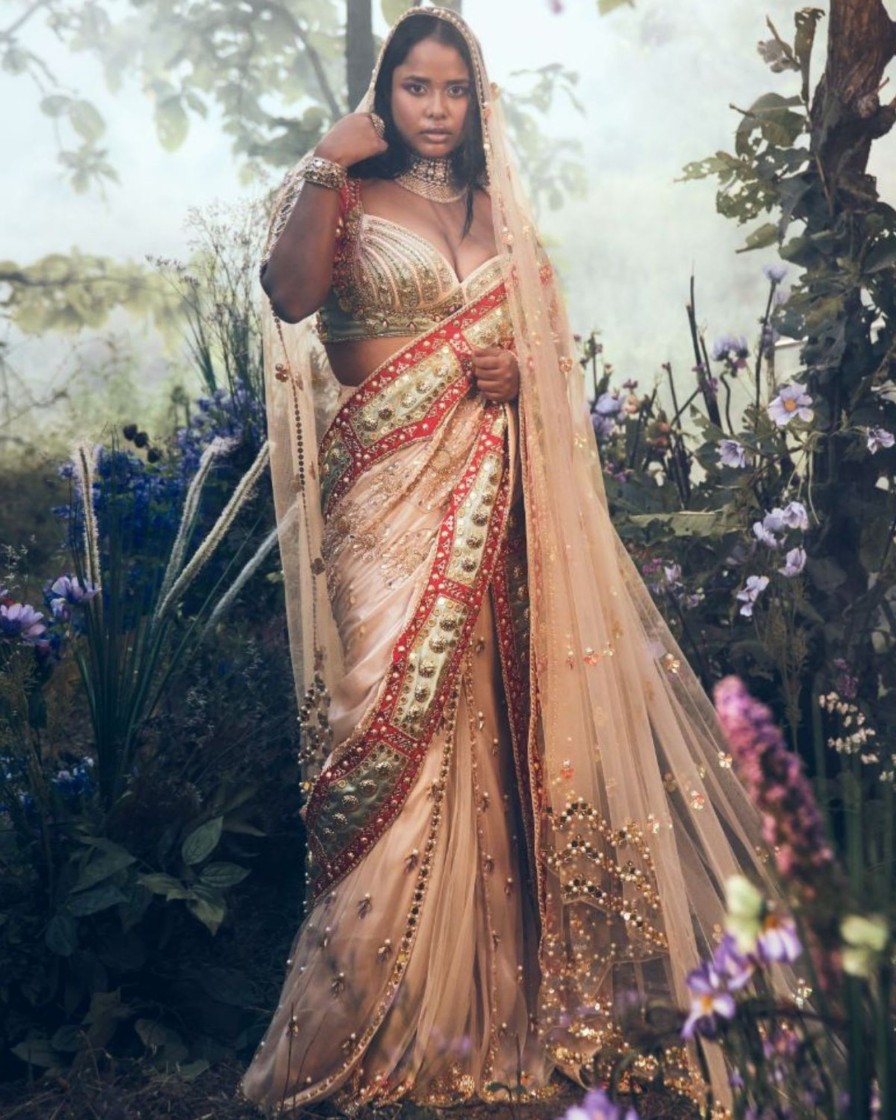 Bridal Papa Don't Preach | Ivory And Red Sari Set