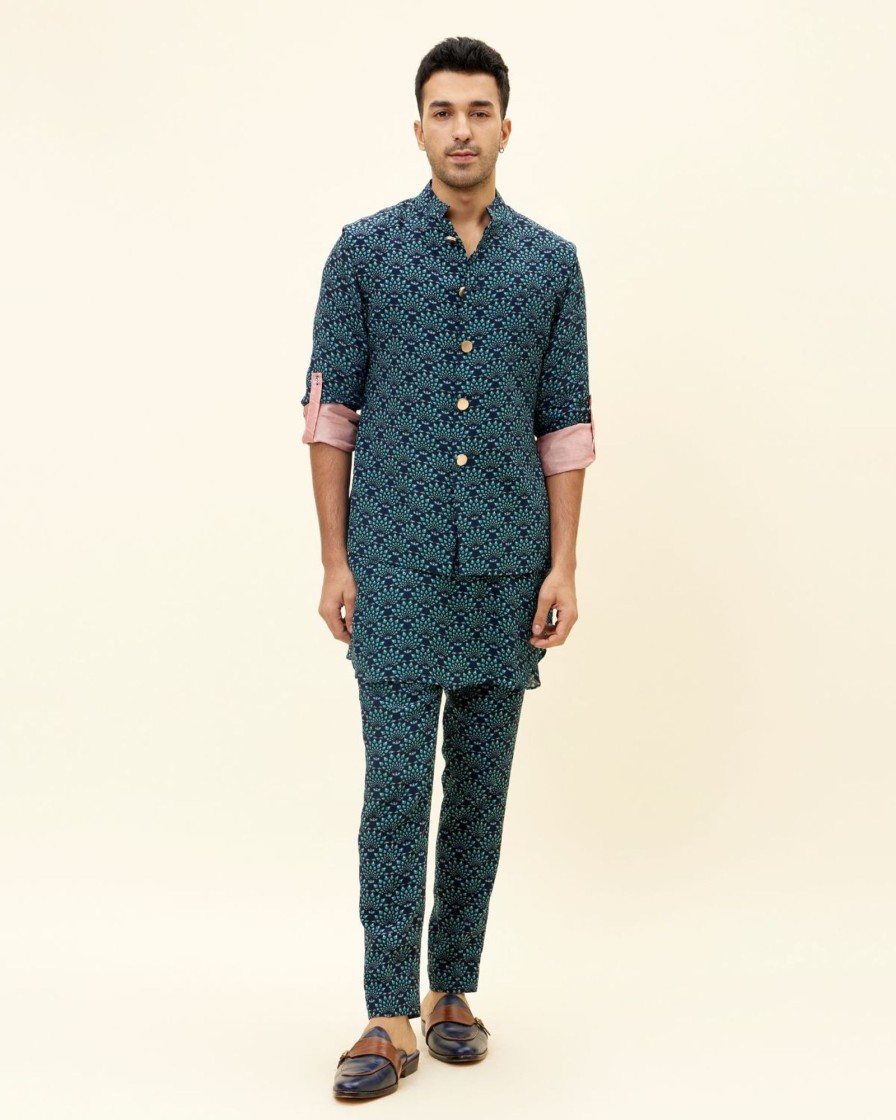 Mens SVA Menswear | Blue Feather Printed Kurta And Bandi Set