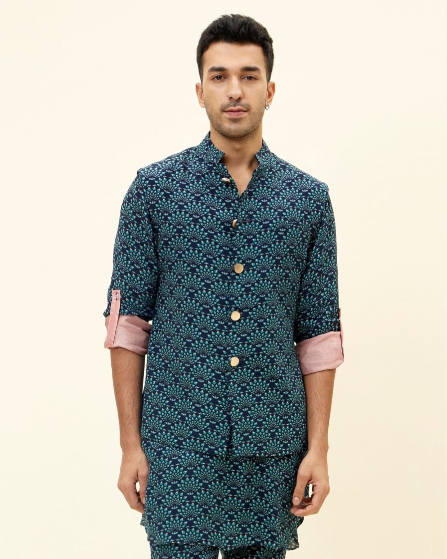 Mens SVA Menswear | Blue Feather Printed Kurta And Bandi Set