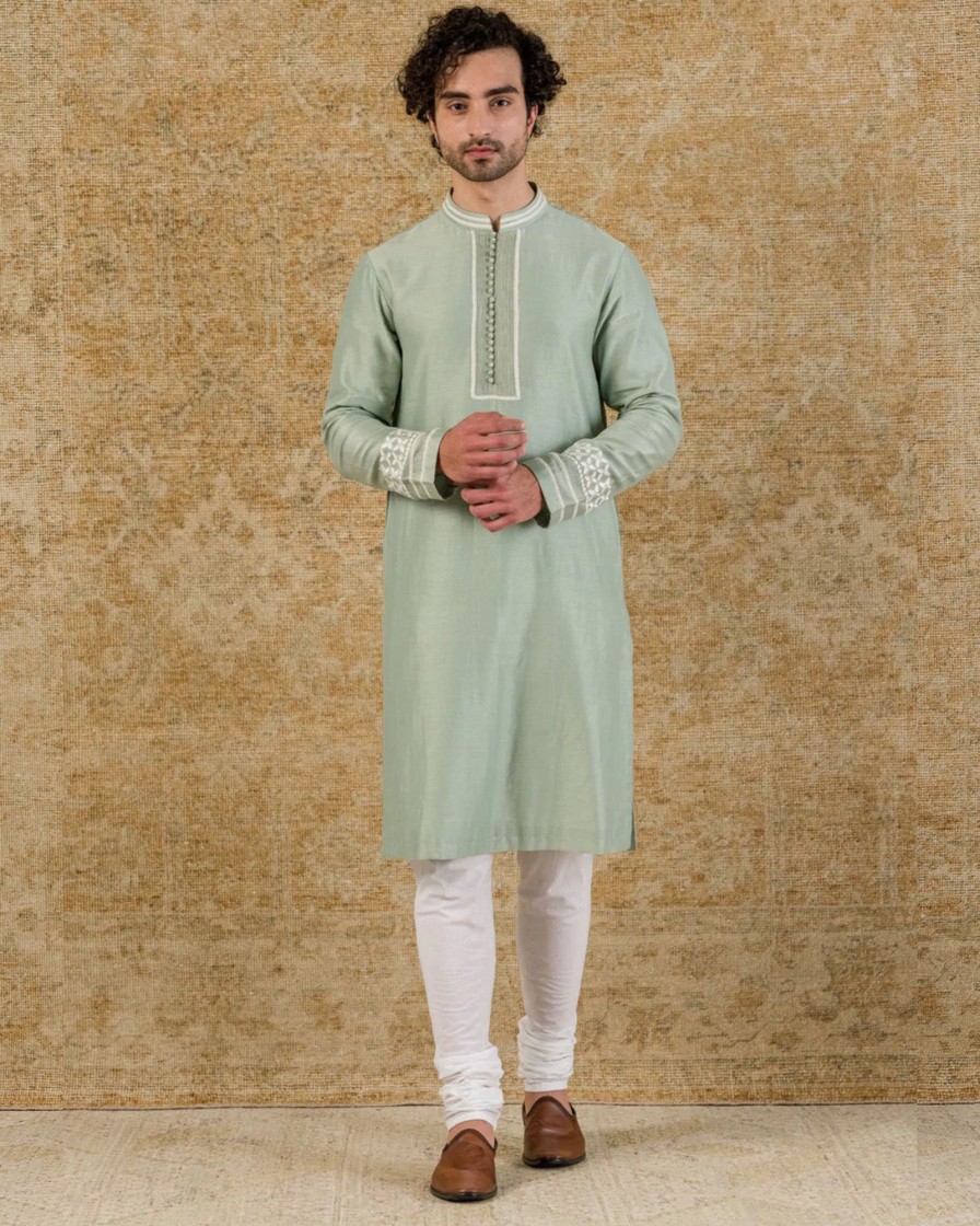 Mens Devnaagri Mens | Sage Green Chanderi Kurta Set