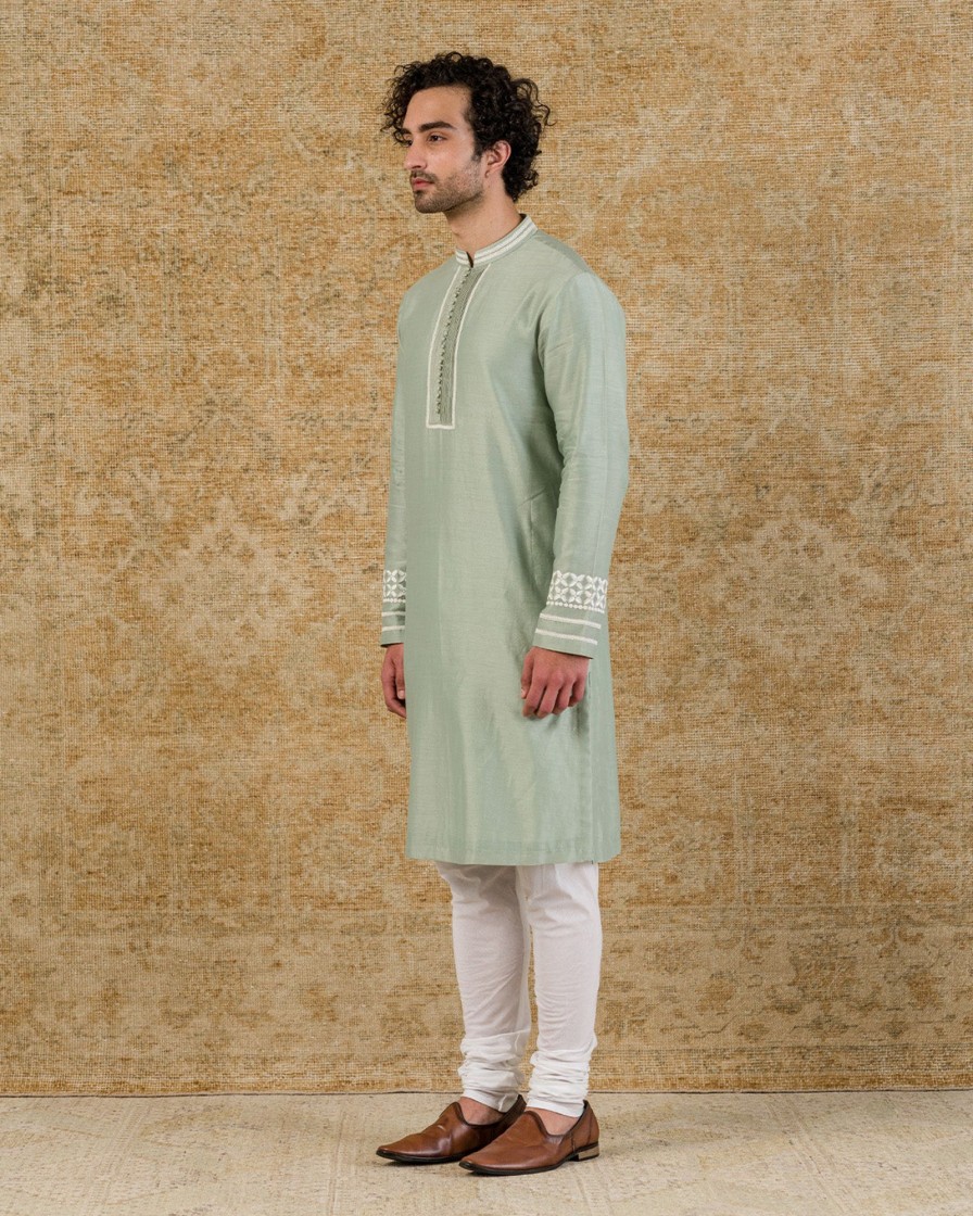 Mens Devnaagri Mens | Sage Green Chanderi Kurta Set