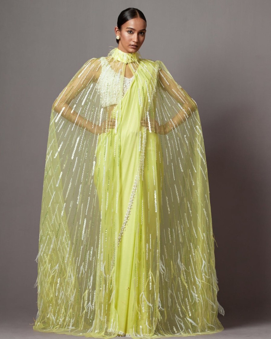 Womens Mala u0026 Kinnary | Lime Feather Cape Sari Set