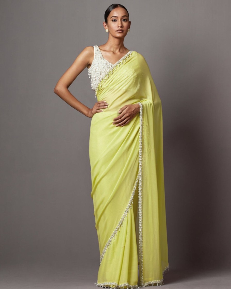 Womens Mala u0026 Kinnary | Lime Feather Cape Sari Set