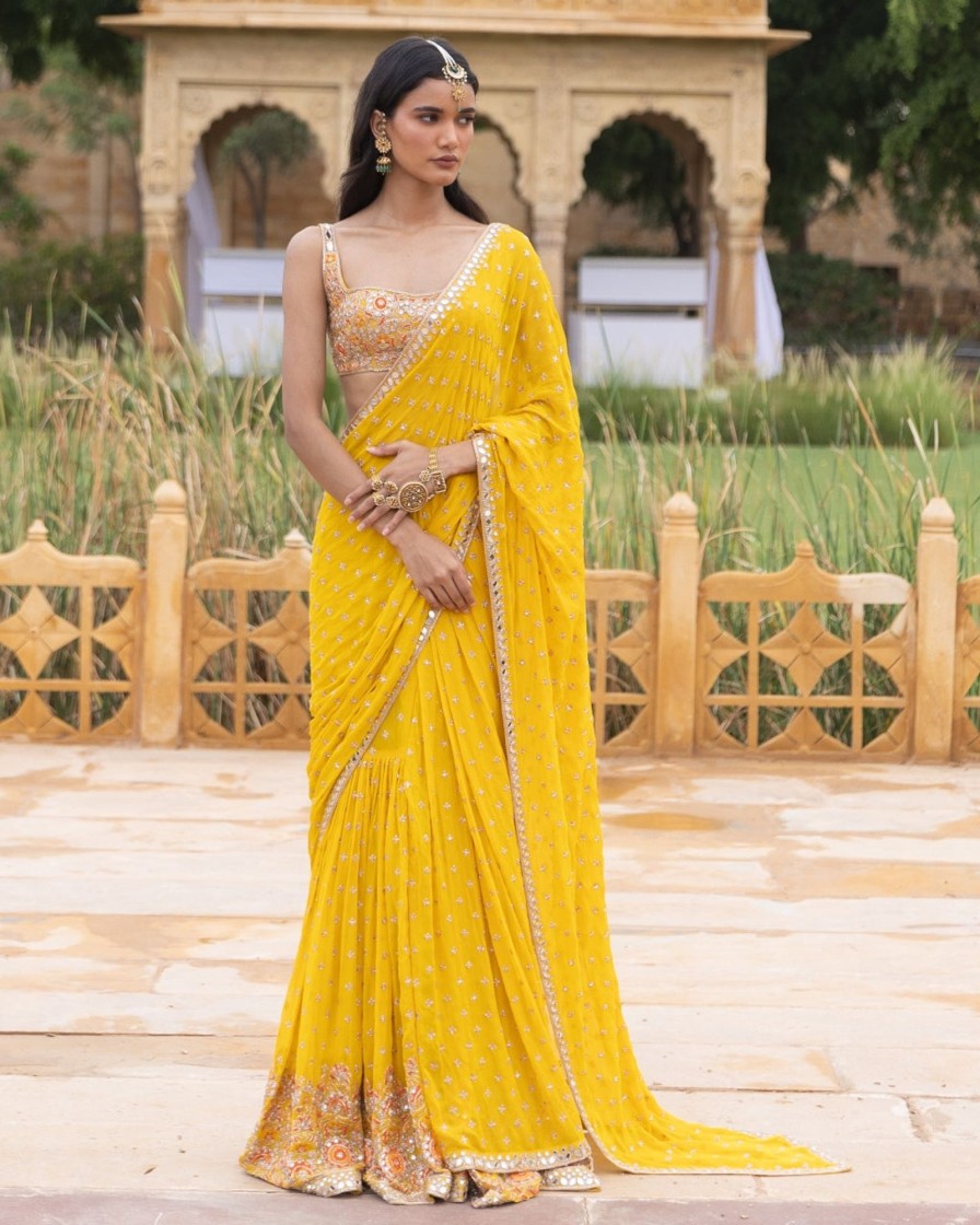 Womens Arpita Mehta | Yellow Colourful Embroidered Sari Set