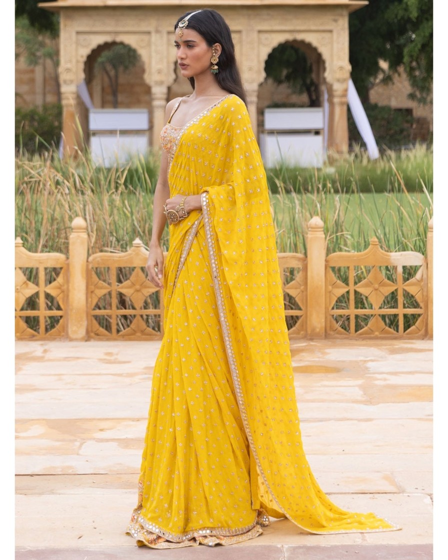 Womens Arpita Mehta | Yellow Colourful Embroidered Sari Set