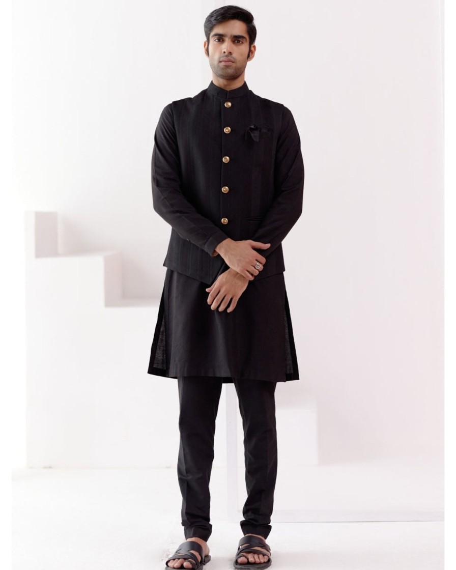 Mens Devnaagri Mens | Black Kurta Set With Pin Tucks Bundi