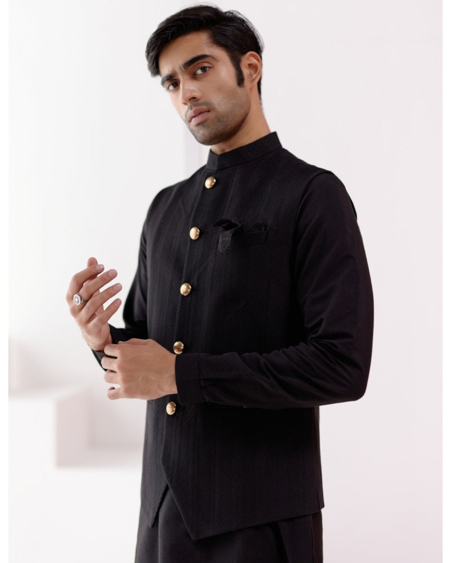 Mens Devnaagri Mens | Black Kurta Set With Pin Tucks Bundi