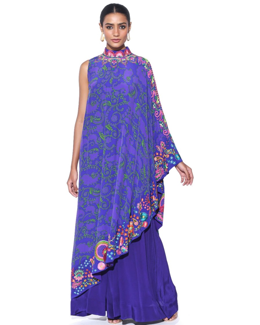 Womens Siddhartha Bansal | Royal Purple Embroidered One Shoulder Dress And Jumpsuit