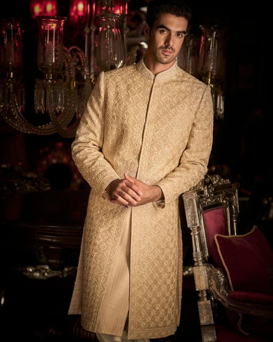 Mens Seema Gujral Mens | Nude Thread Sequin Work Sequin Sherwani Set