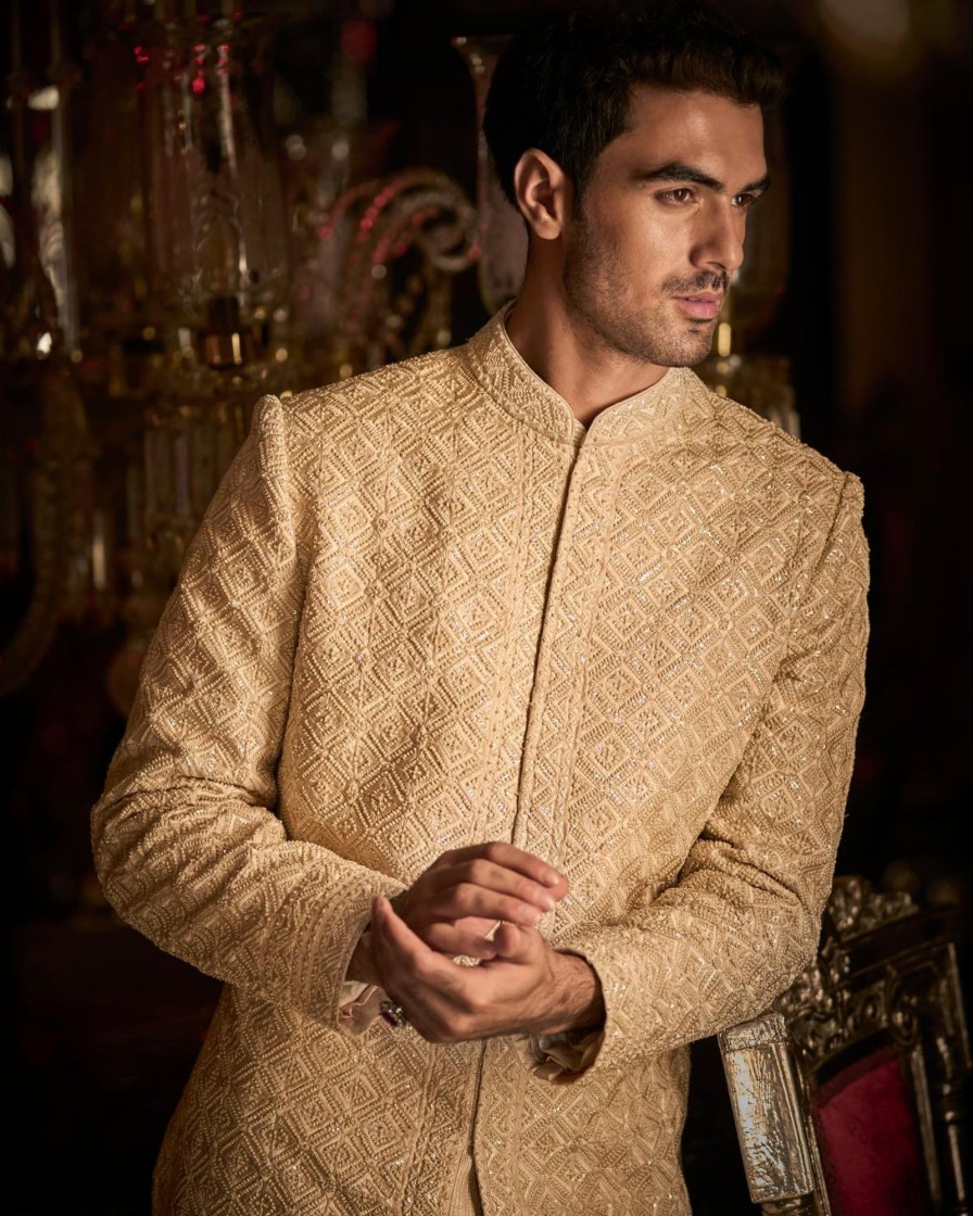 Mens Seema Gujral Mens | Nude Thread Sequin Work Sequin Sherwani Set