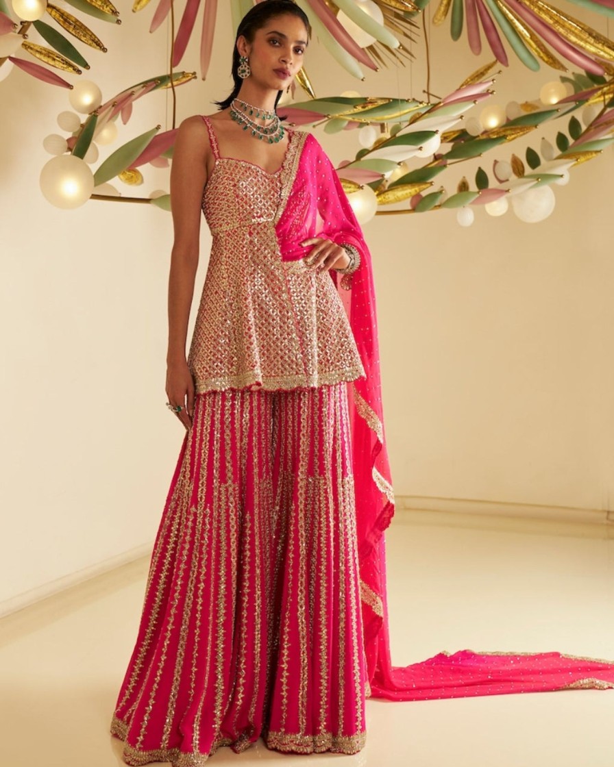 Bridal Seema Gujral | Fuchsia Gota Patti Sharara Set