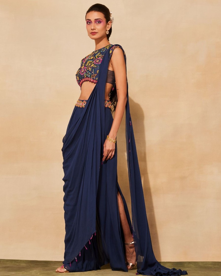 Womens Diya Rajvvir | Dark Blue Pleated Pant Sari Set