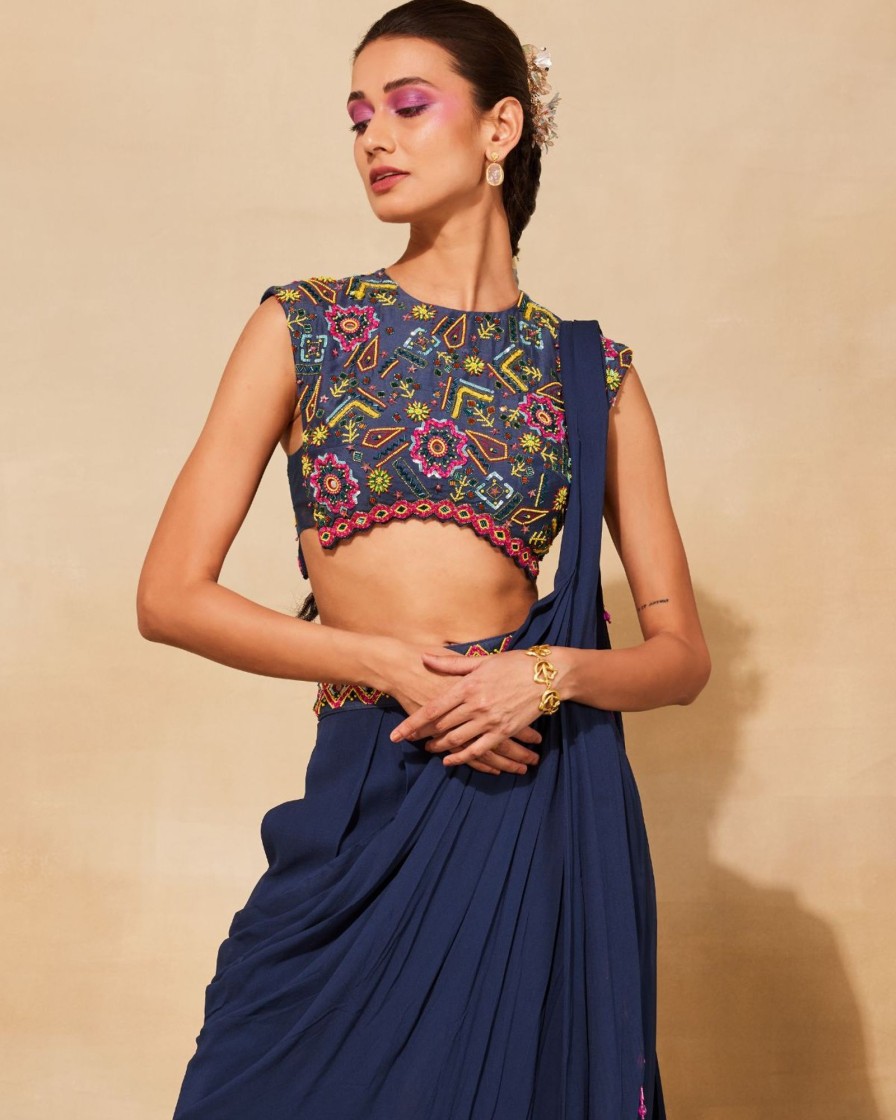 Womens Diya Rajvvir | Dark Blue Pleated Pant Sari Set