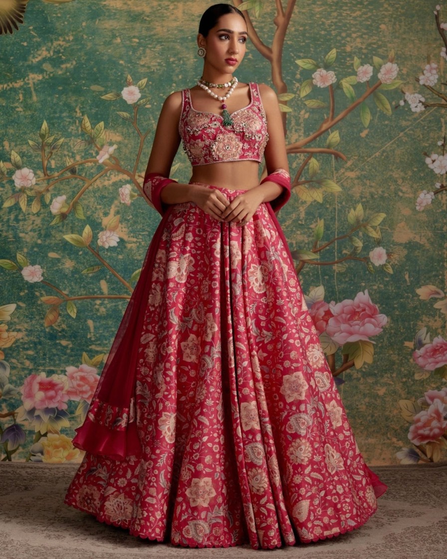 Womens Ridhi Mehra | Royal Fuchsia Print Demi Lehenga Set