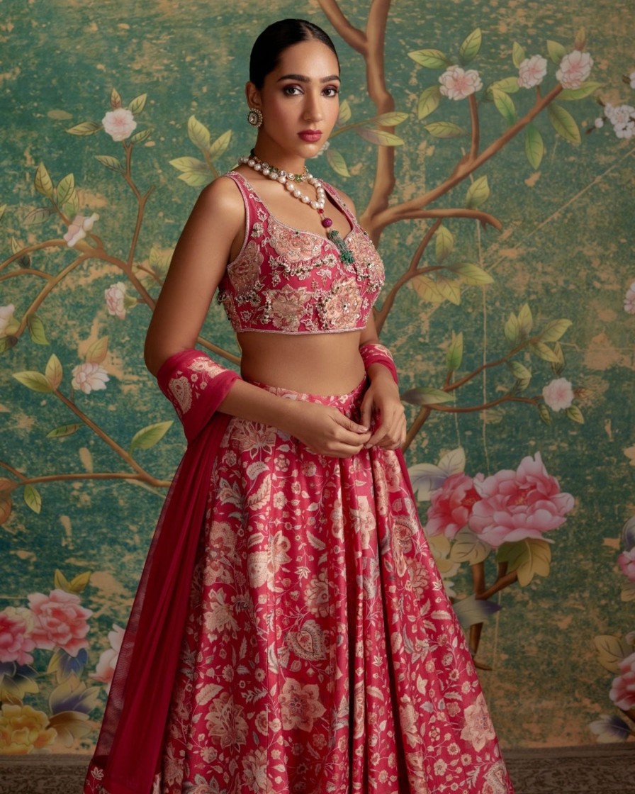 Womens Ridhi Mehra | Royal Fuchsia Print Demi Lehenga Set