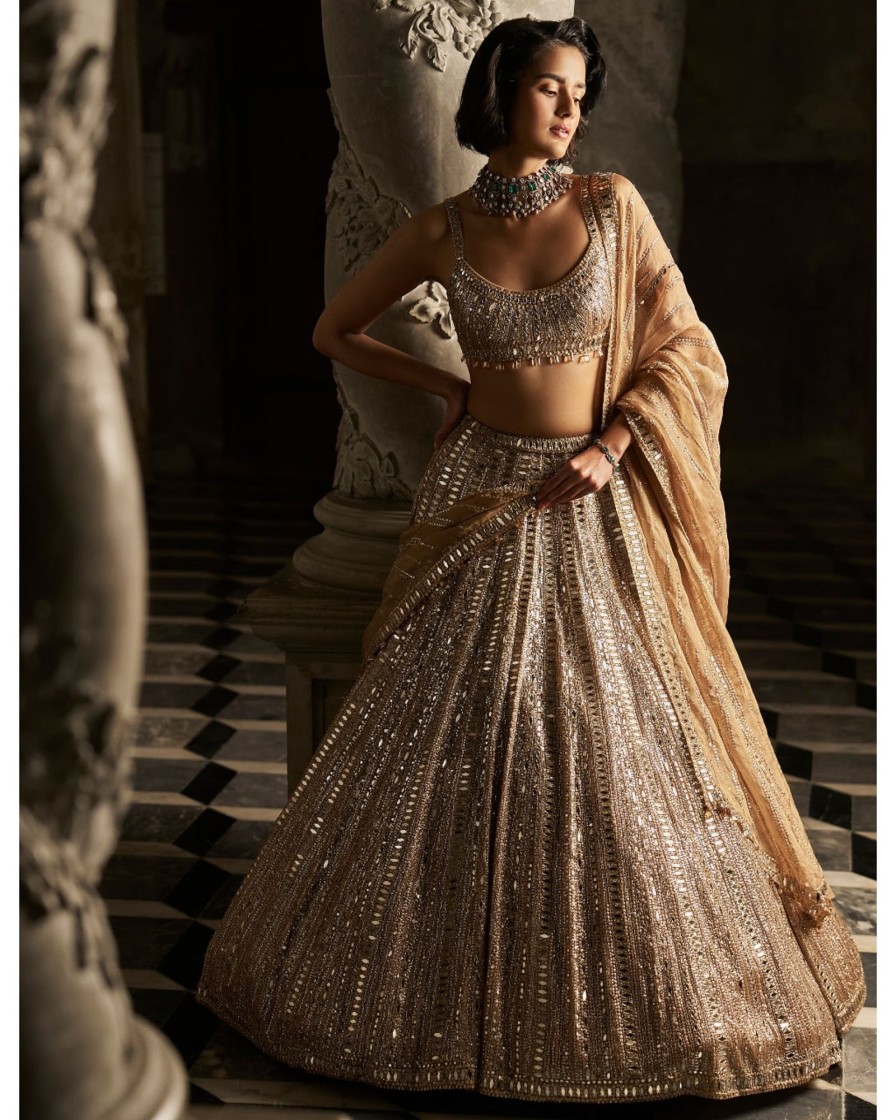 Bridal Seema Gujral | Gold Mirror Work Lehenga Set