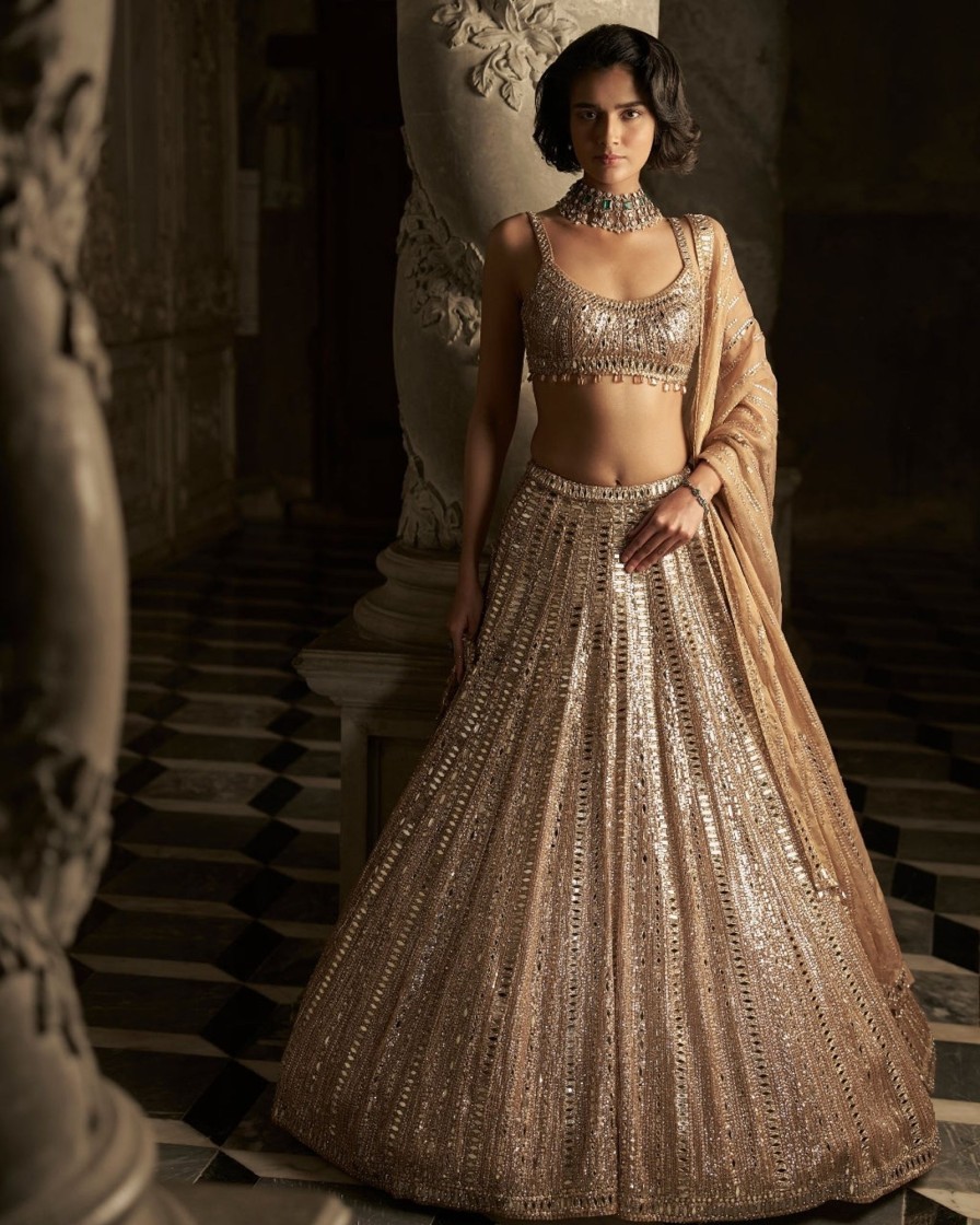 Bridal Seema Gujral | Gold Mirror Work Lehenga Set