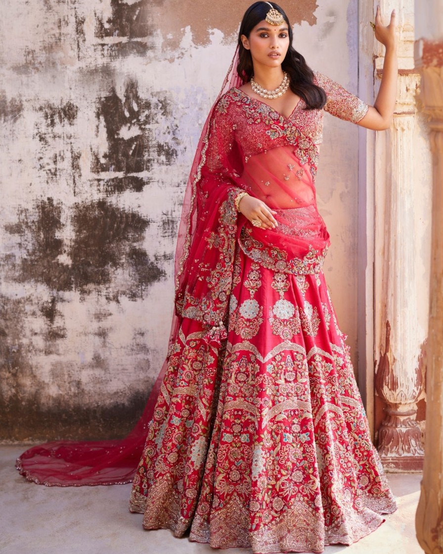 Womens Dolly J | Thalia Red Raw Silk Bridal Lehenga