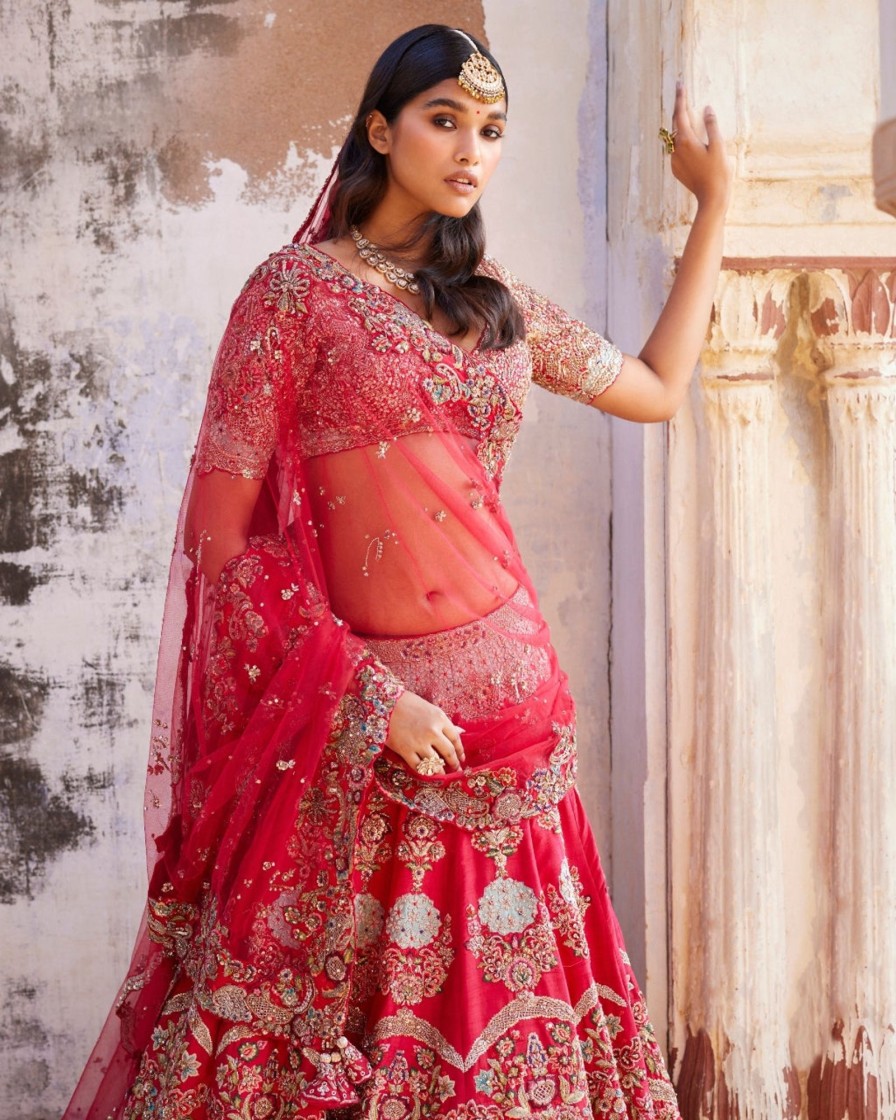 Womens Dolly J | Thalia Red Raw Silk Bridal Lehenga