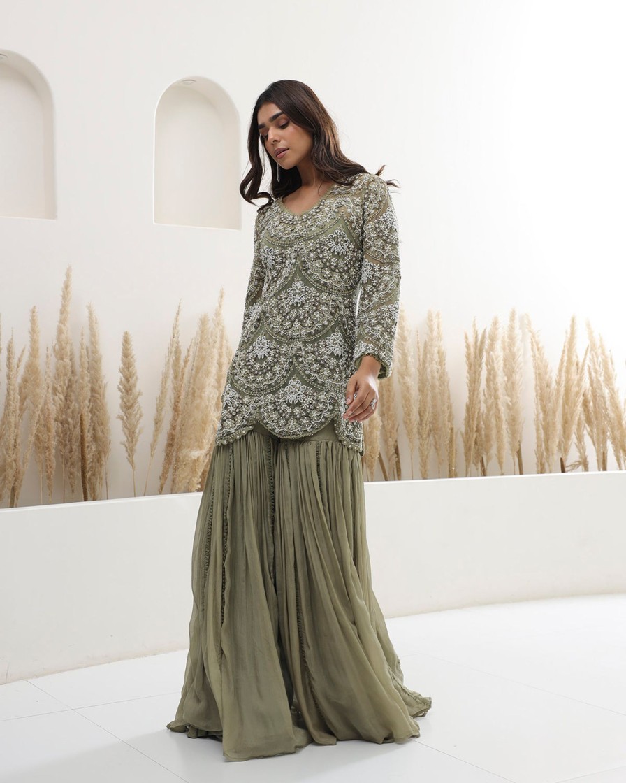 Womens Ridhima Bhasin | Sage Green Pearl Drop Kurta Set