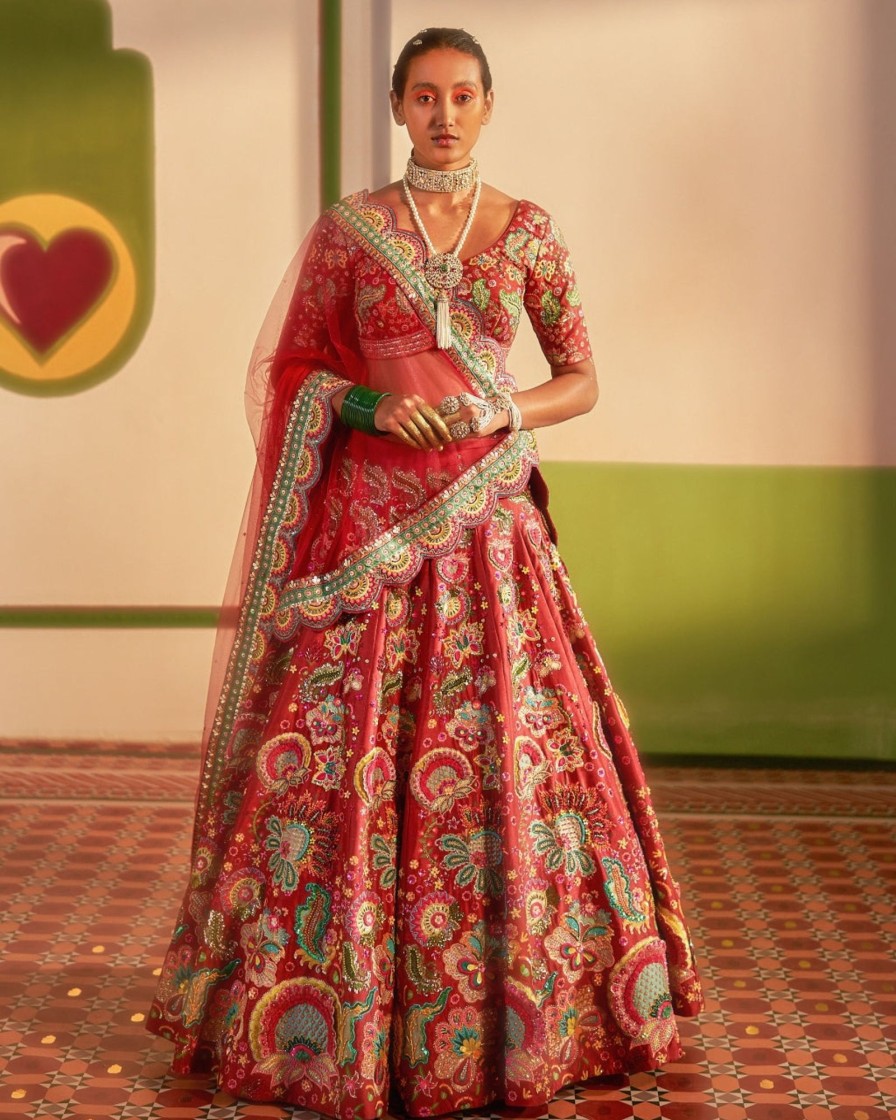 Bridal Siddhartha Bansal | 3D Embroidered Burgundy Lehenga Set