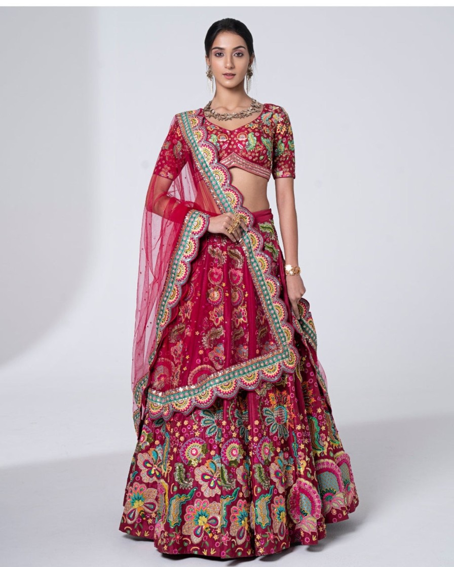 Bridal Siddhartha Bansal | 3D Embroidered Burgundy Lehenga Set