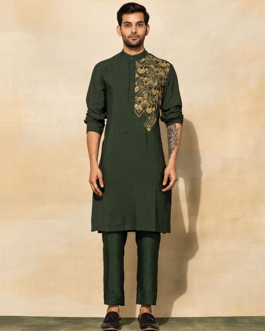 Mens Diya Rajvvir Mens | Olive Green Embroidered Kurta Set