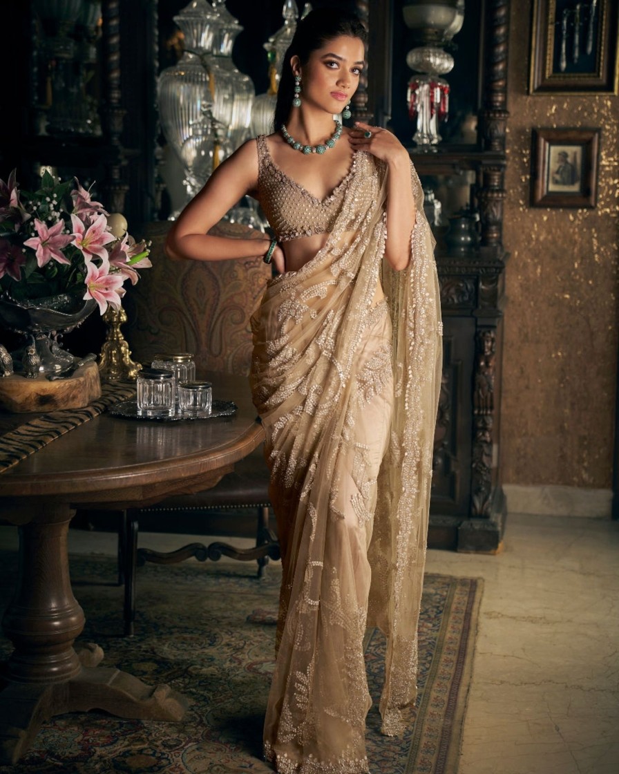 Womens Seema Gujral | Slate Sequin Sari Set