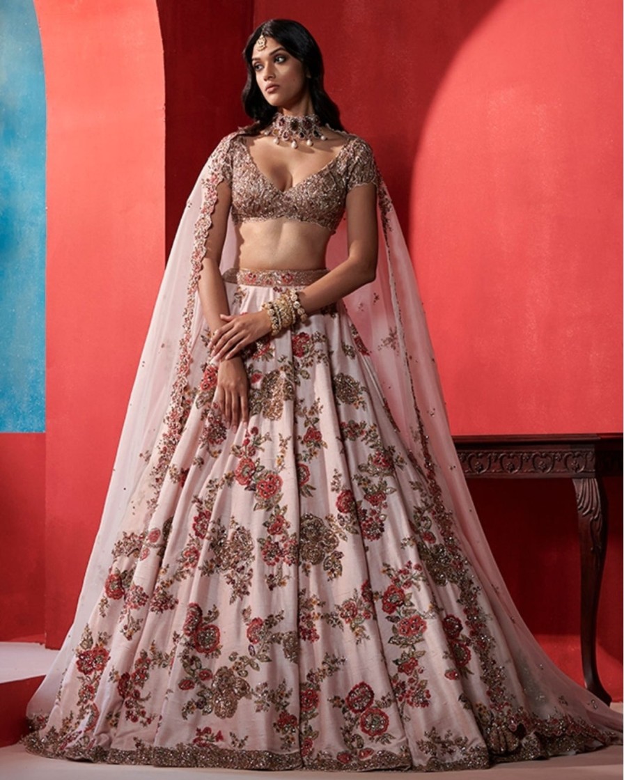 Womens Dolly J | Leia Seashell Pink Big Floral Jaal Bridal Lehenga Set