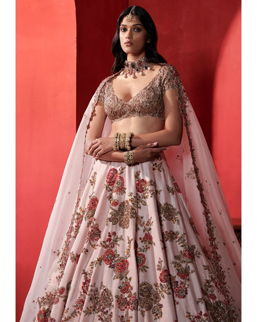 Womens Dolly J | Leia Seashell Pink Big Floral Jaal Bridal Lehenga Set