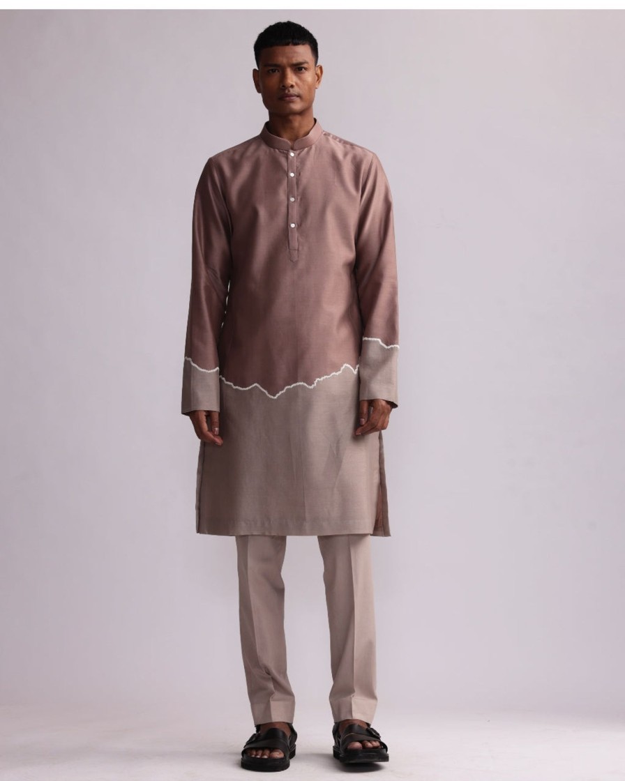 Mens Country Made | Rust Half And Half Kurta With Matching Pants Set