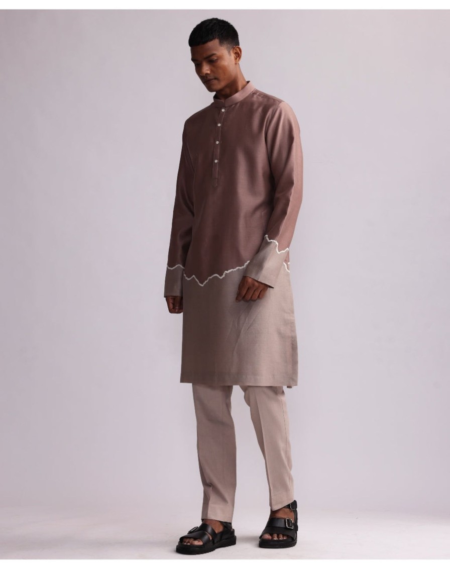 Mens Country Made | Rust Half And Half Kurta With Matching Pants Set