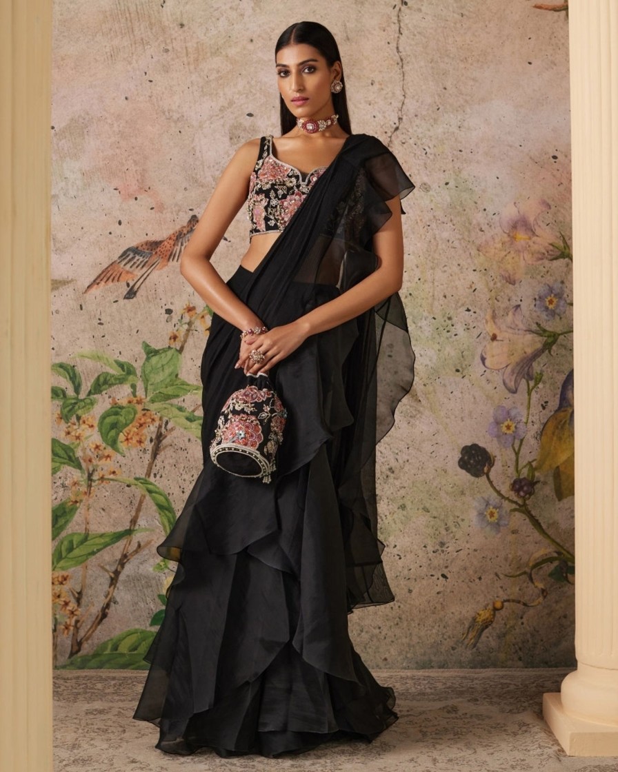 Womens Ridhi Mehra | Black Solid Noir Sari Set