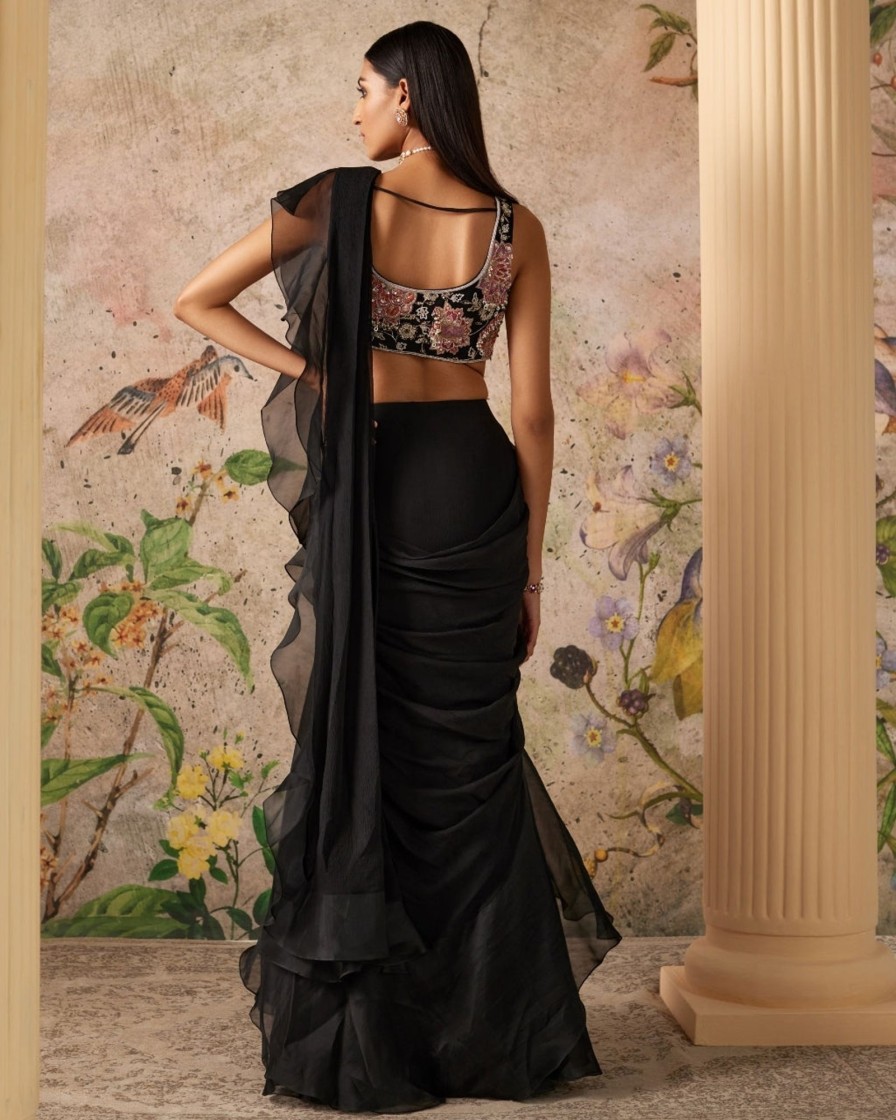 Womens Ridhi Mehra | Black Solid Noir Sari Set