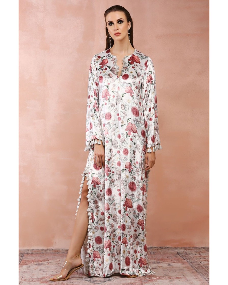 Womens Payal Singhal | White Gulbagh Print Velvet Kaftan