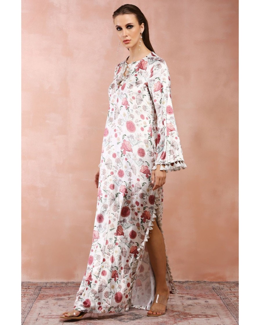 Womens Payal Singhal | White Gulbagh Print Velvet Kaftan