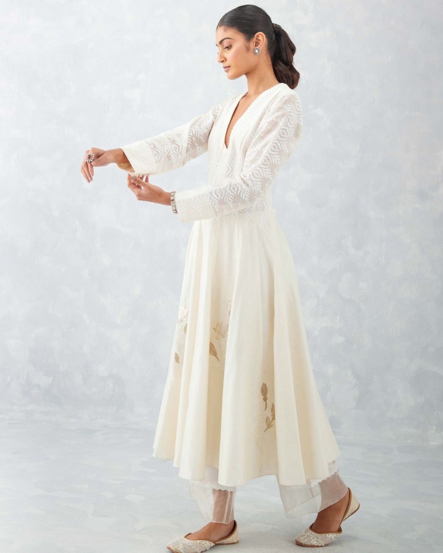 Womens Devnaagri | Ivory Embroidered Chanderi Anarkali Set