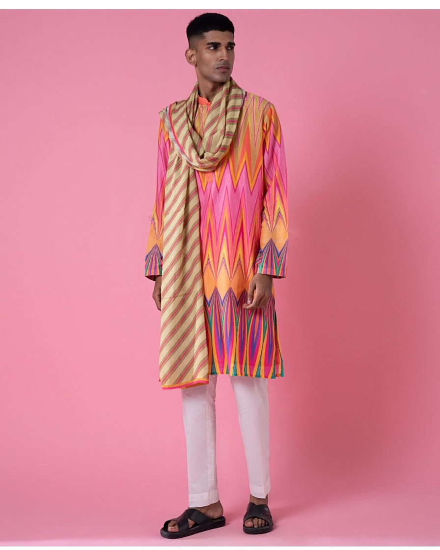 Mens Siddhartha Bansal Mens | Yellow Pink Chevron Printed Kurta Set