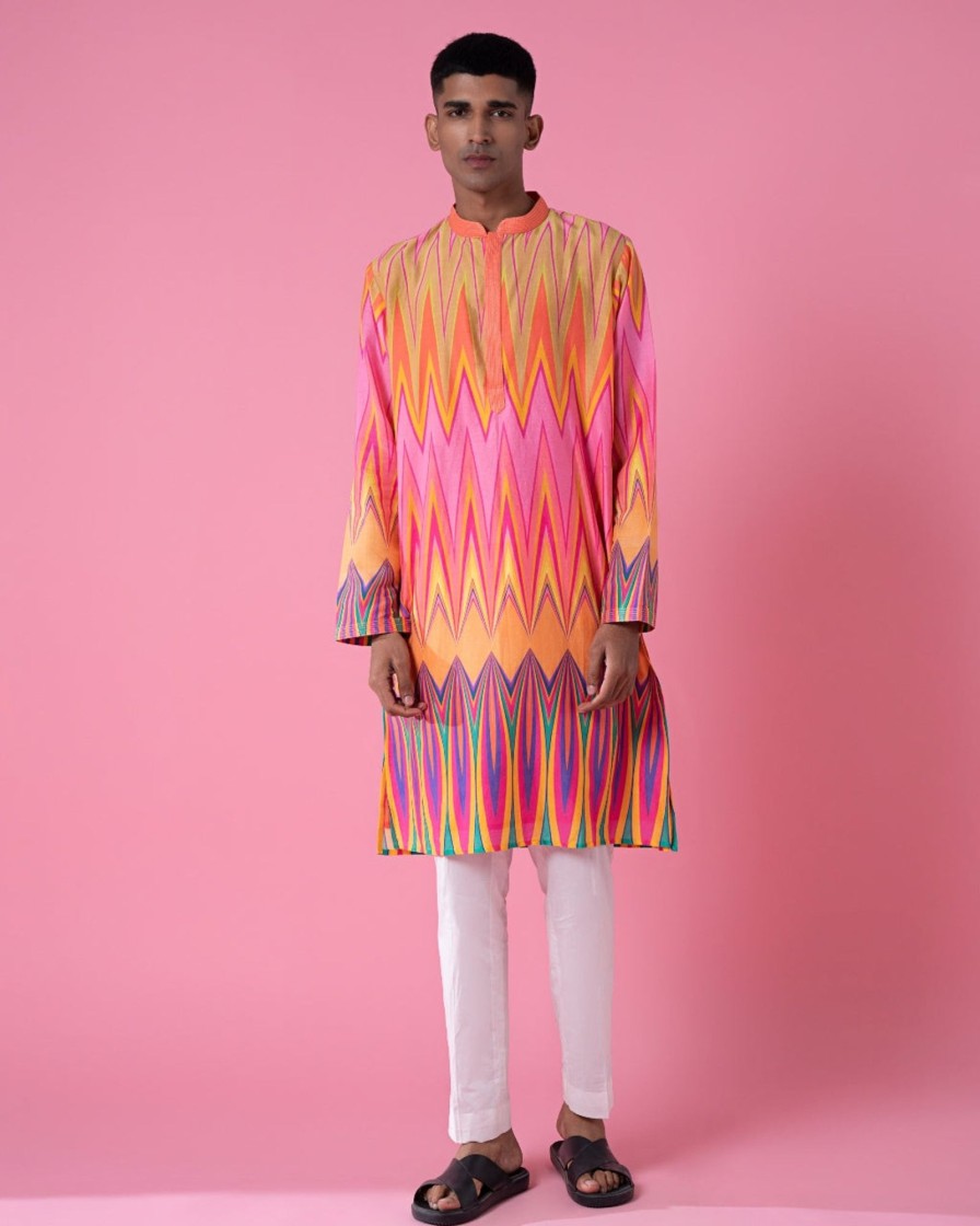 Mens Siddhartha Bansal Mens | Yellow Pink Chevron Printed Kurta Set