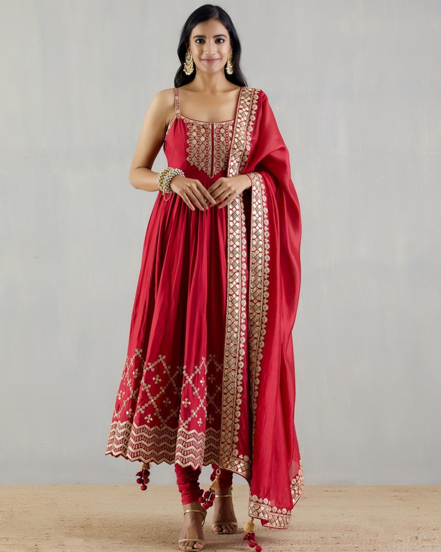 Womens Punit Balana | Red Embellished Anarkali With Dupatta