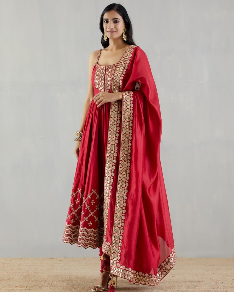 Womens Punit Balana | Red Embellished Anarkali With Dupatta