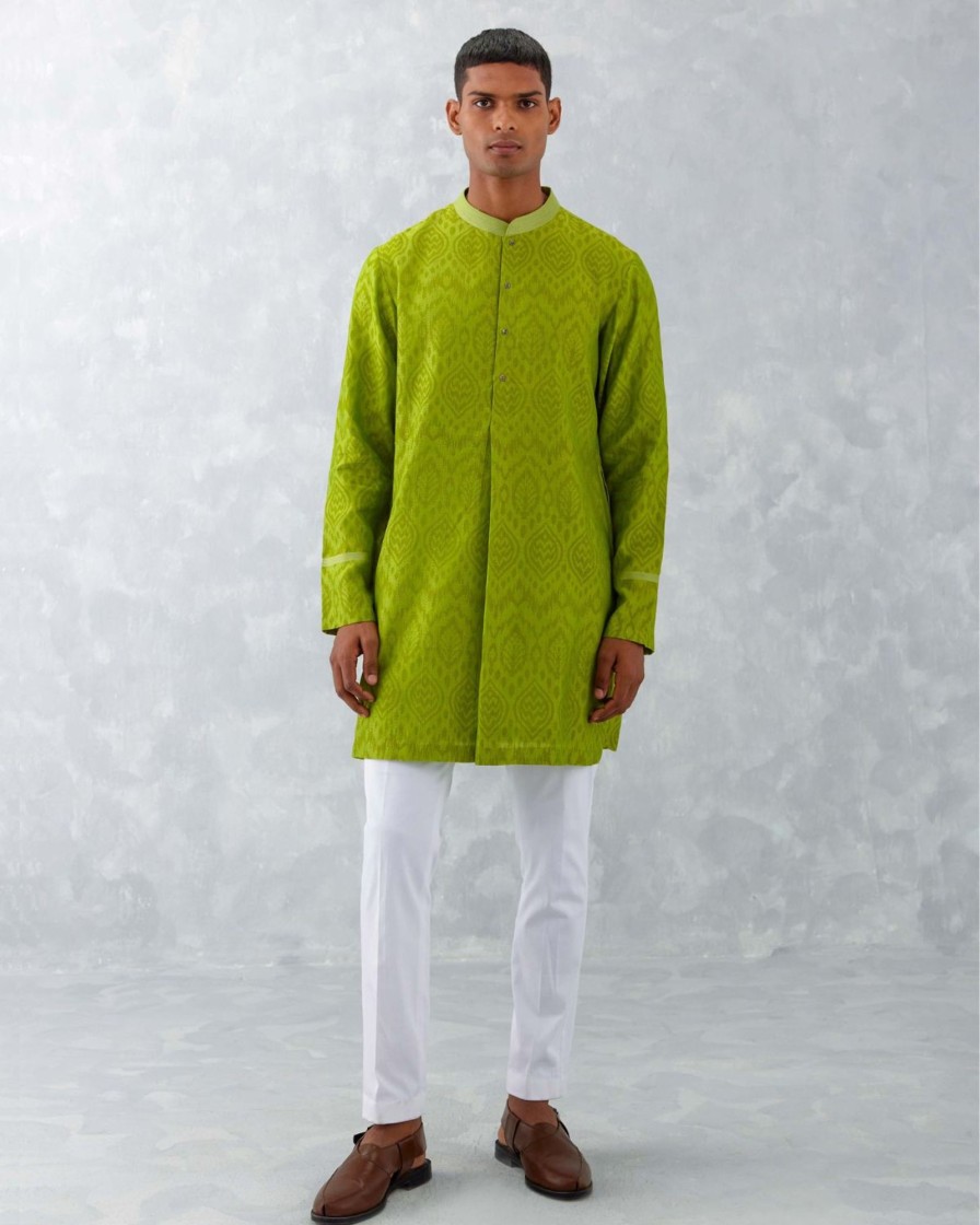 Mens Devnaagri Mens | Green Ikat Print Chanderi Kurta Set