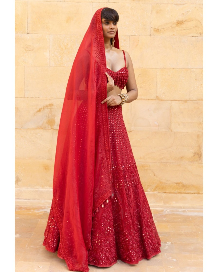 Bridal Arpita Mehta | Red Mirror U0026 Cutdana Embroidered Lehenga Set