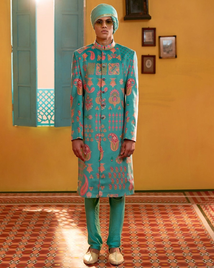 Mens Siddhartha Bansal Mens | Signature Sea Green Sherwani Set