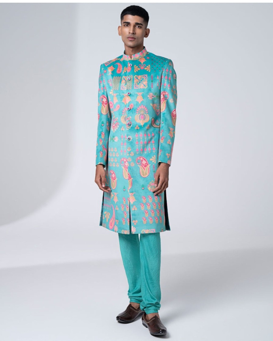 Mens Siddhartha Bansal Mens | Signature Sea Green Sherwani Set