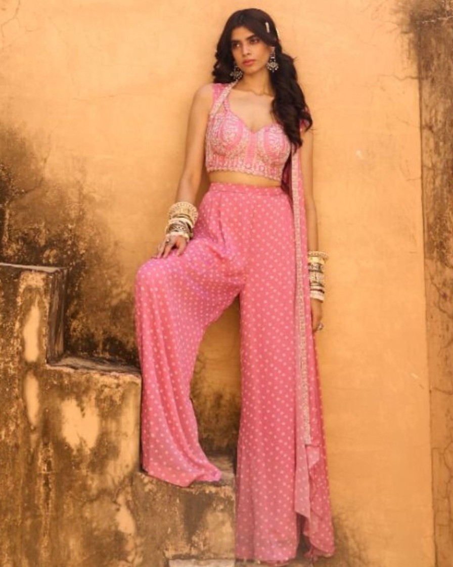 Womens Chamee and Palak | Pale Pink Bandhini Jacket Set