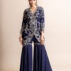 Womens Nupur Kanoi | Navy Hand Embroidered Tunic With Gharara