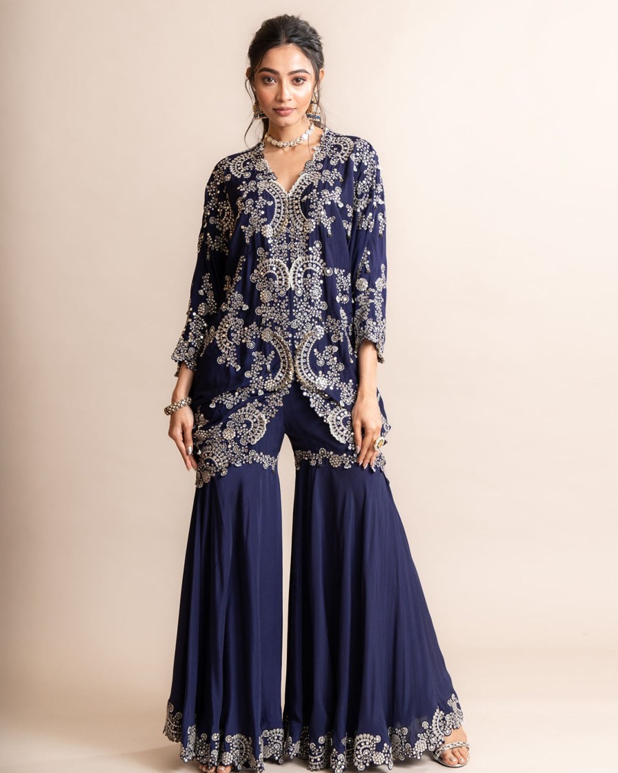 Womens Nupur Kanoi | Navy Hand Embroidered Tunic With Gharara