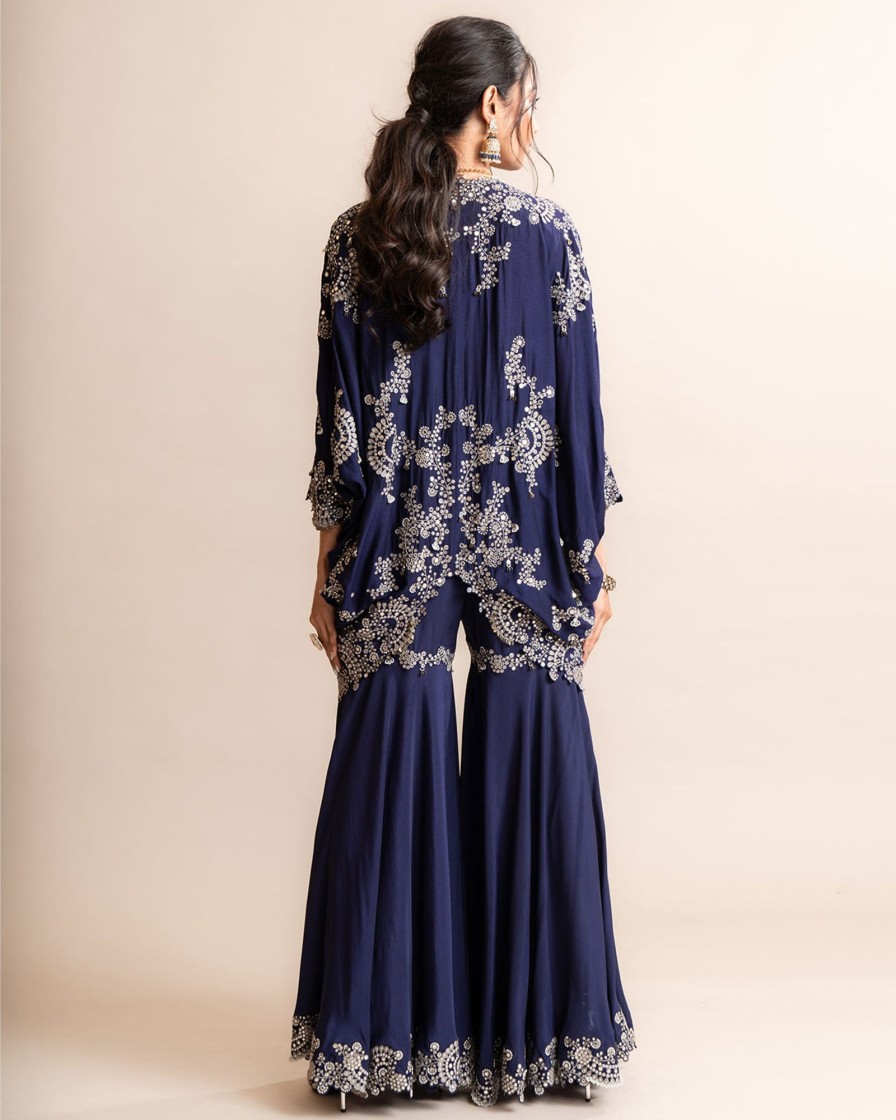 Womens Nupur Kanoi | Navy Hand Embroidered Tunic With Gharara