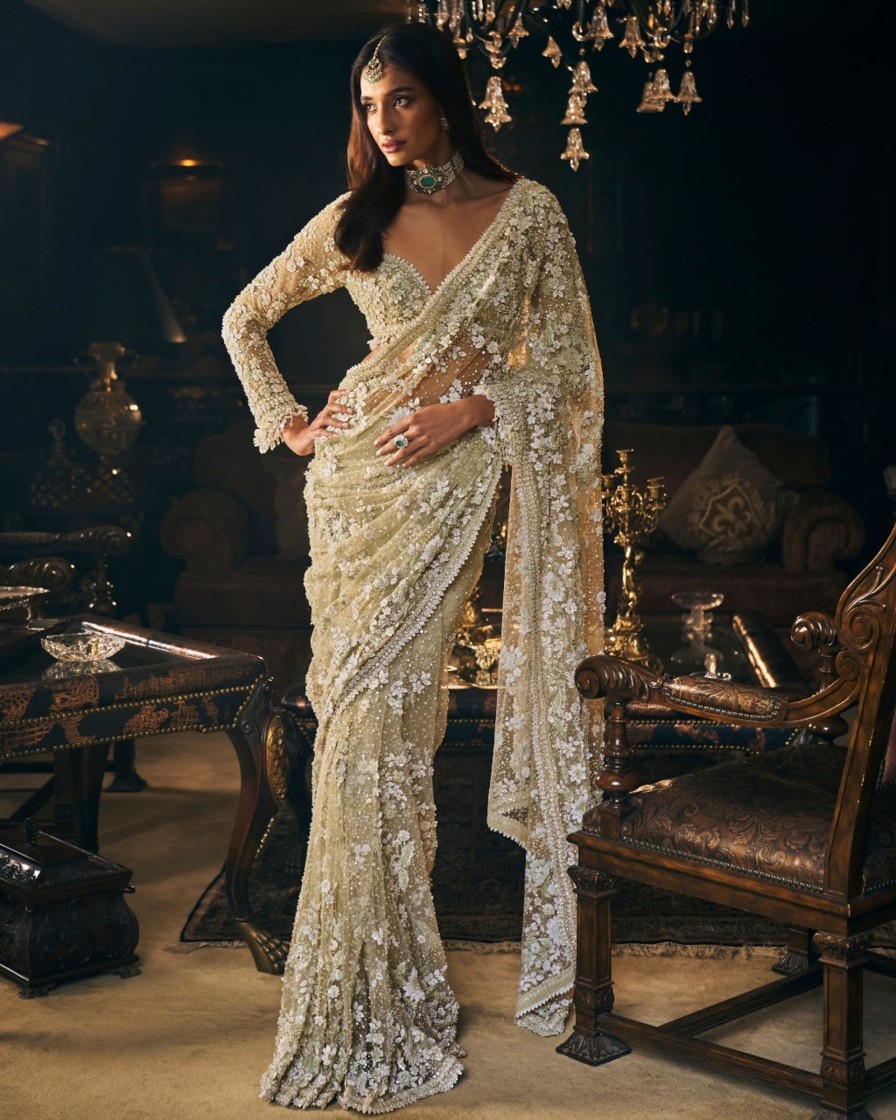 Womens Seema Gujral | Sage Green Three-Dimensional Sari Set